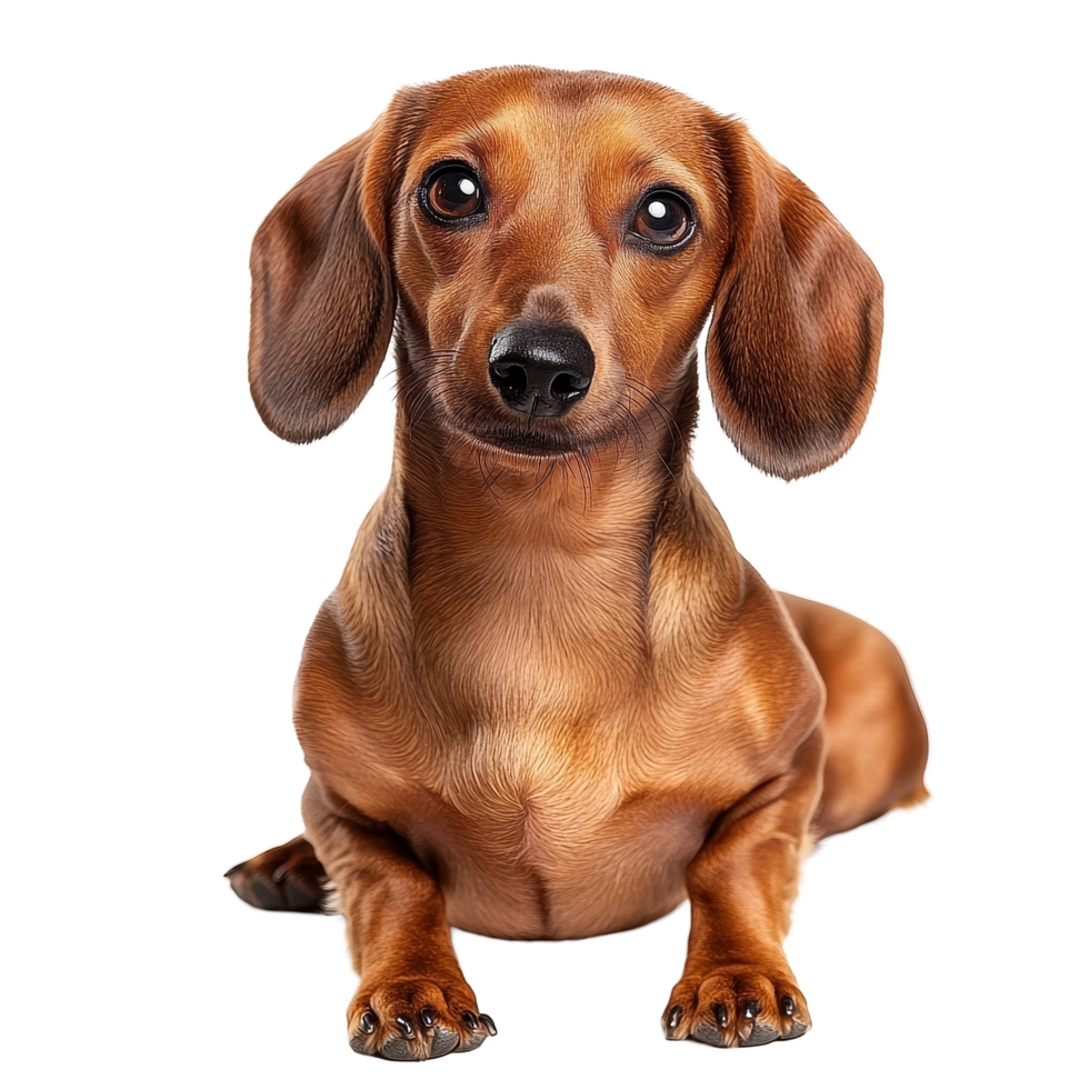 Charming sausage dog with expressive eyes rests on Transparent background, showcasing its sleek coat and playful demeanor, sausage dog isolated on White background png