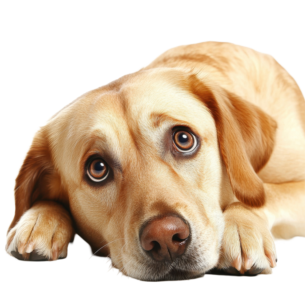 Sad Labrador retriever with expressive eyes resting on a Transparent background, Sad Labrador retriever on background png