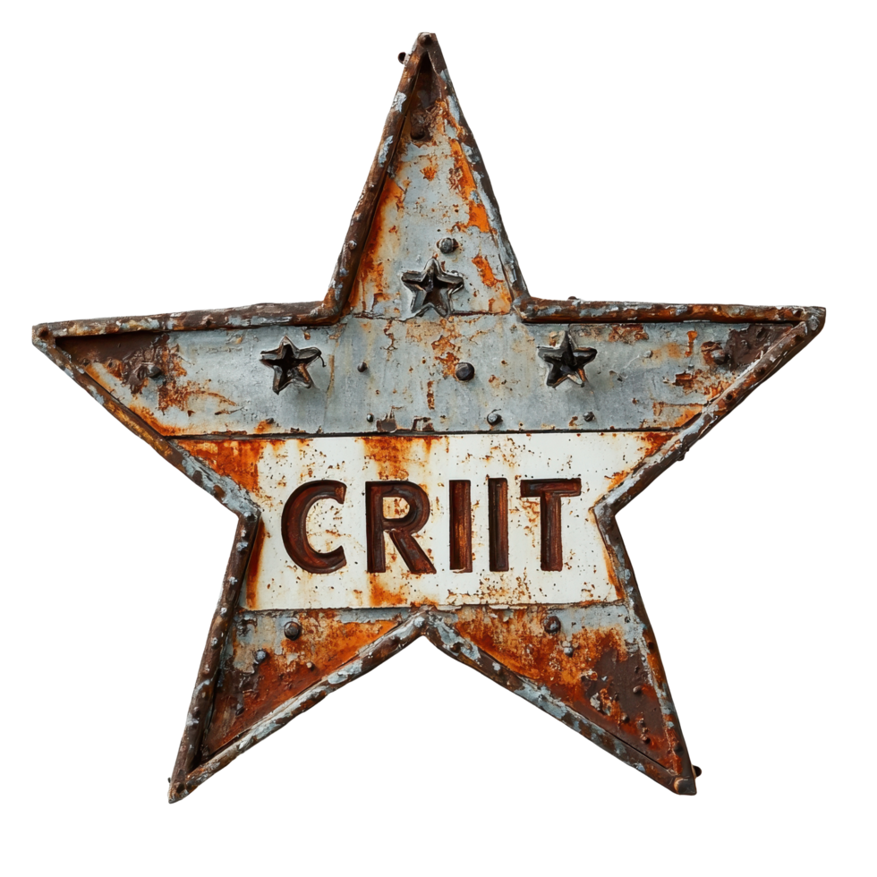 Rusty metal star sign featuring the word cri in an aged and textured design, rusty sign with a star shaped star and the word critic, Transparent background png