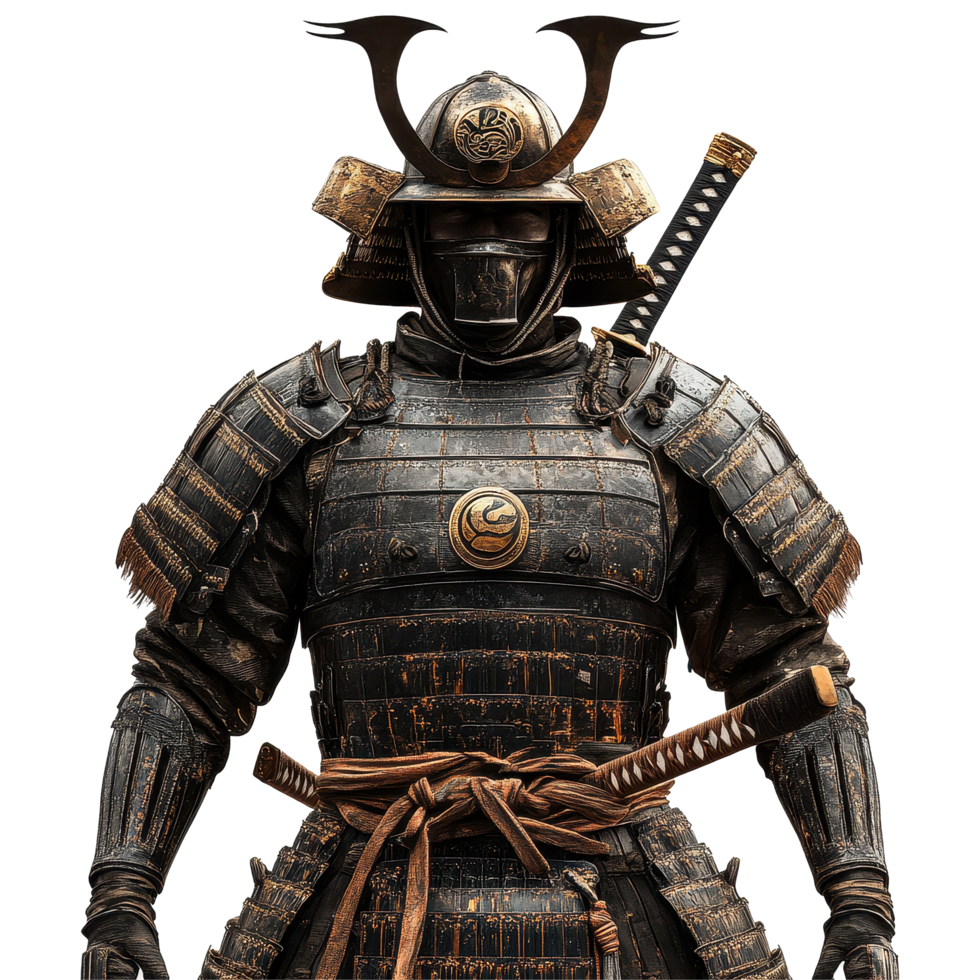 Samurai armor with helmet and katana on a Transparent background showcasing traditional Japanese warrior attire, Samurai Armor with Helmet and Katana, png