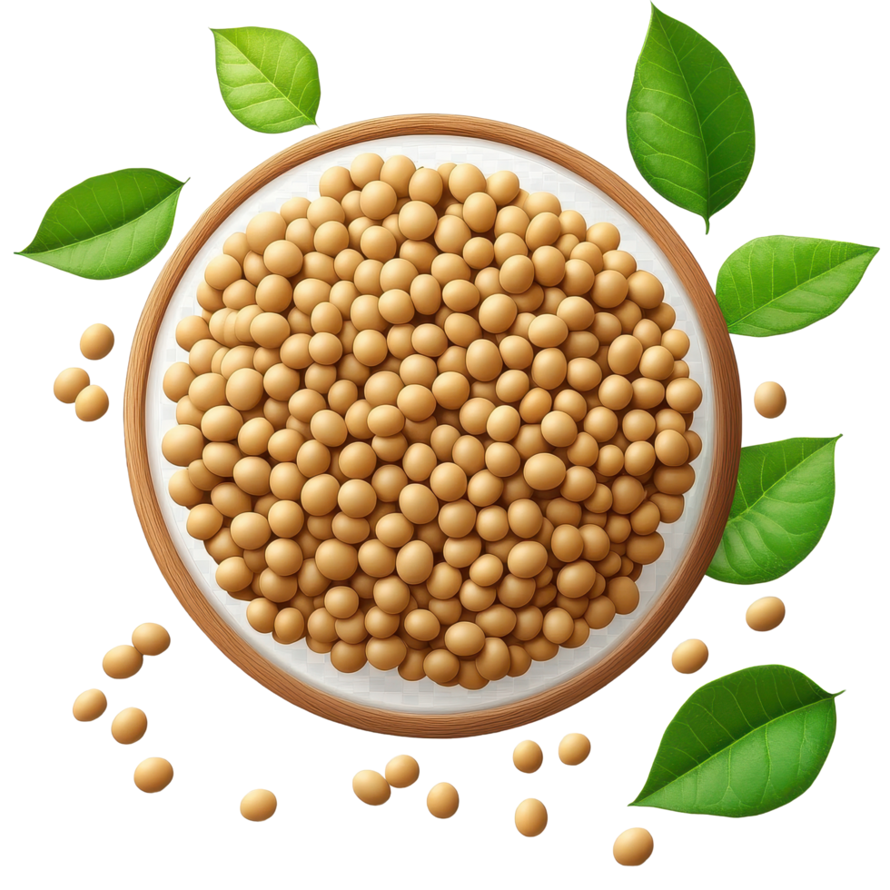 Soy bean seeds isolated on transparent background with green leaves arranged around them, Soy beans seeds isolated on trransparent png