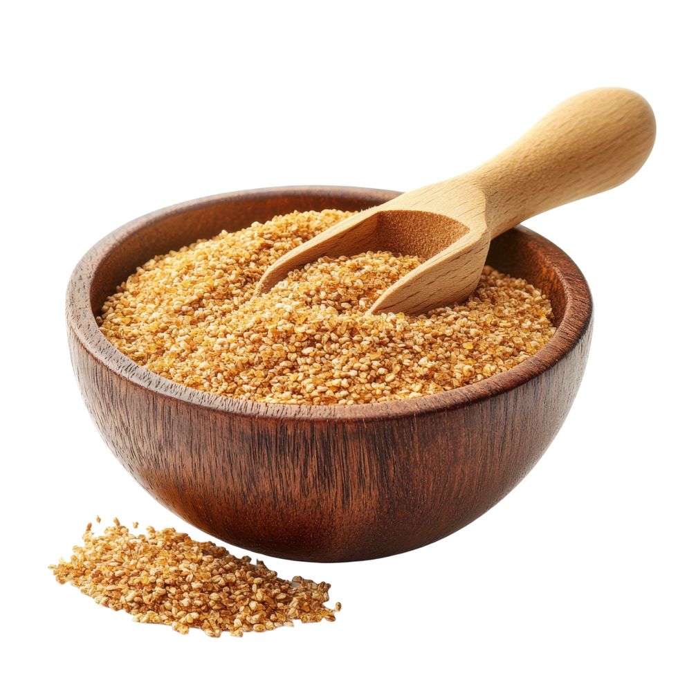 Wheat germ in a wooden bowl with scoop isolated on a Transparent background showcasing its nutritious appeal, Wheat germ in wood bowl and scoopisolated on background png