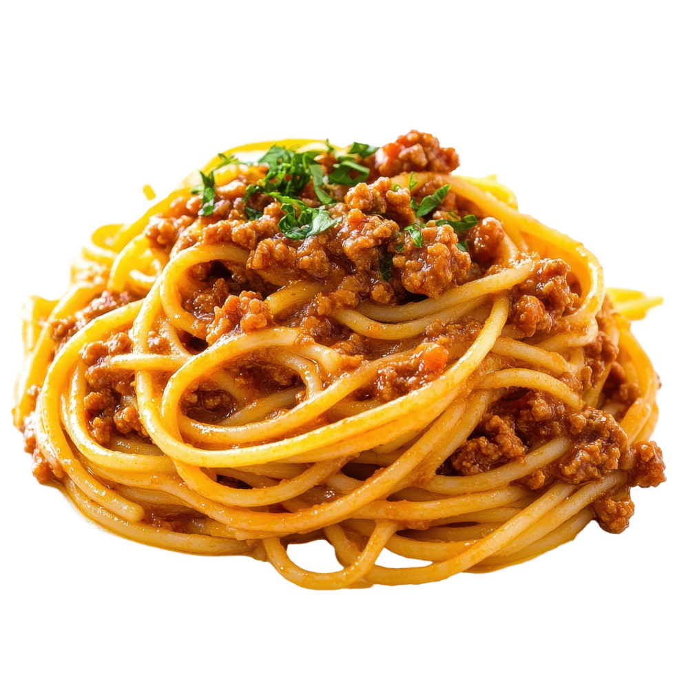 Delicious spaghetti bolognese with rich meat sauce and herbs on a Transparent background, Spaghetti Bologneseisolated on background png