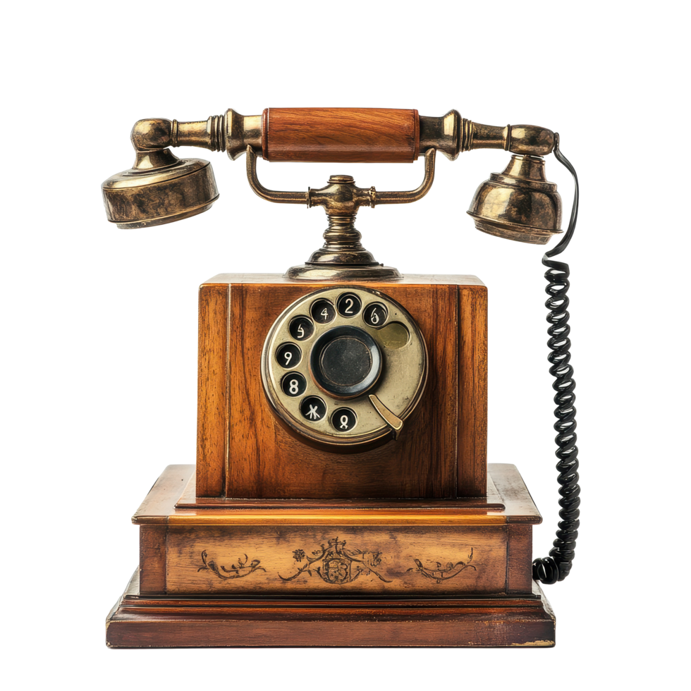 Vintage telephone featuring a wooden case and rotary dial from the early 20th century, Vintage Telephone with Wooden Case and Rotary Dial, Transparent background png