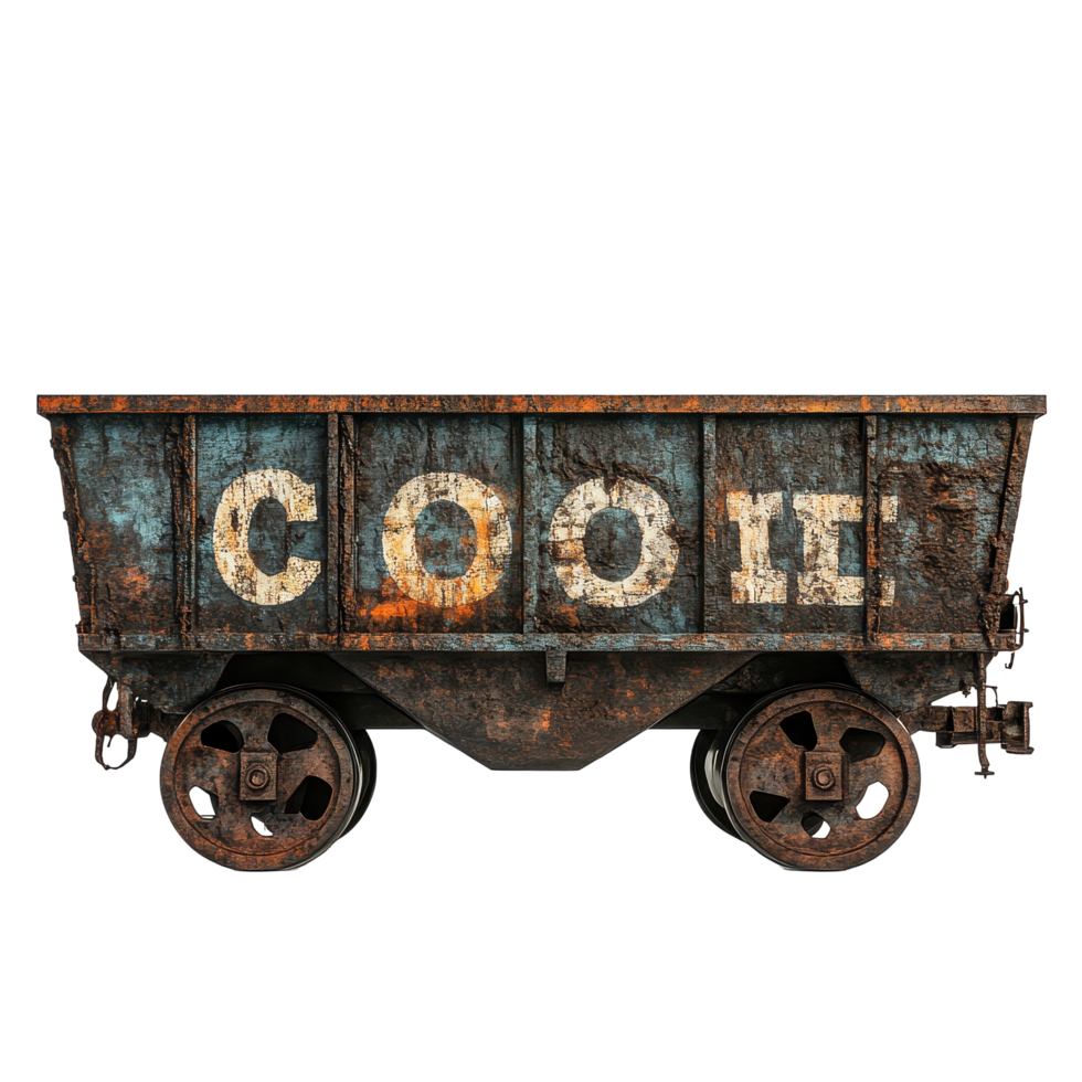 Rusty old train cart displaying a faded coal sign in an industrial setting, rusty old train cart with coal written on it, Transparent background png