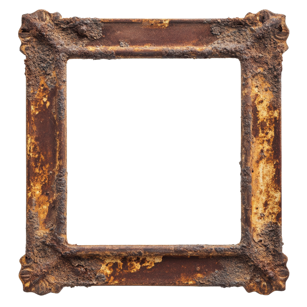 Vintage rusty metal frame isolated on Transparent background with intricate detailing and aged texture for decorative use, Vintage rusty metal frame isolated on png