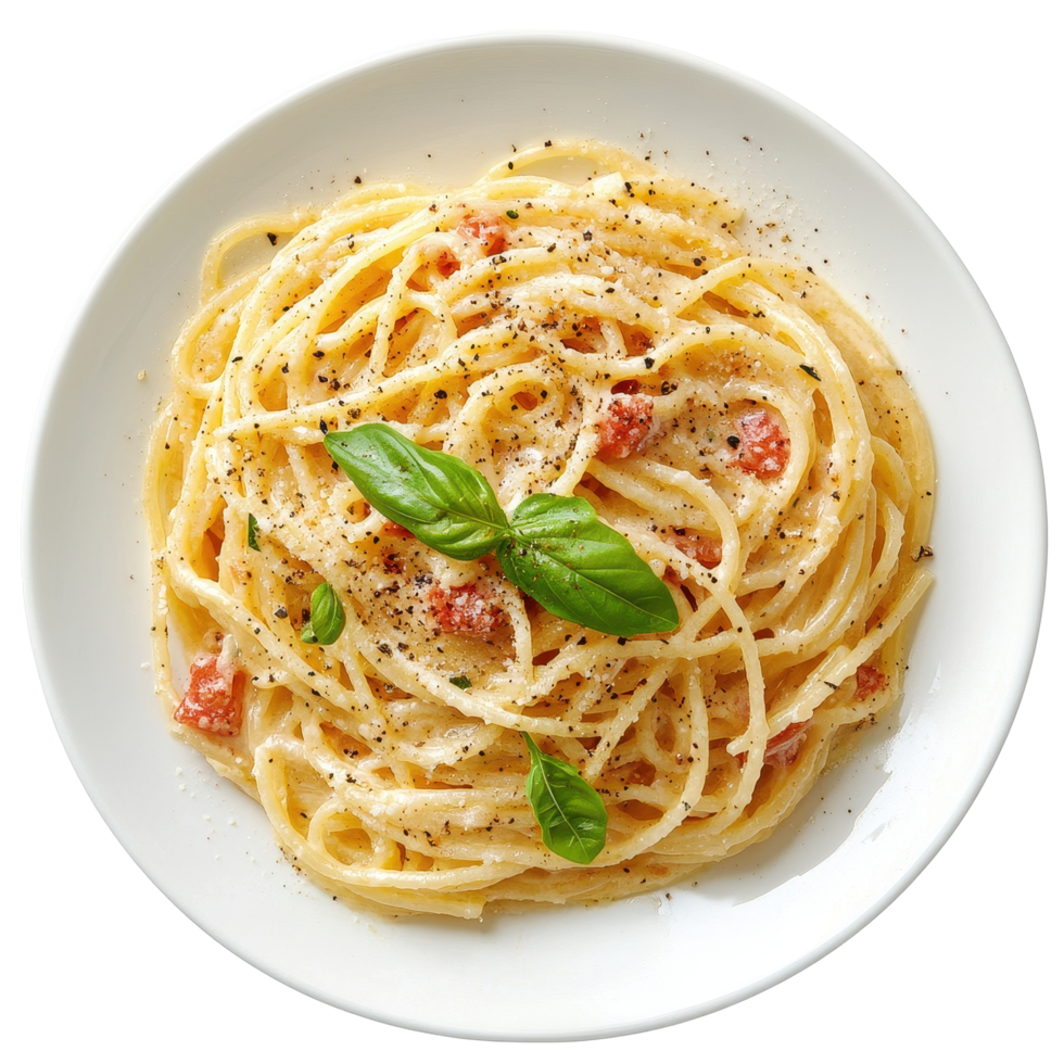Delicious spaghetti carbonara served in a white plate viewed from above with fresh basil, Spaghetti carbonara in white plate top view isolated on Transparent background, background png
