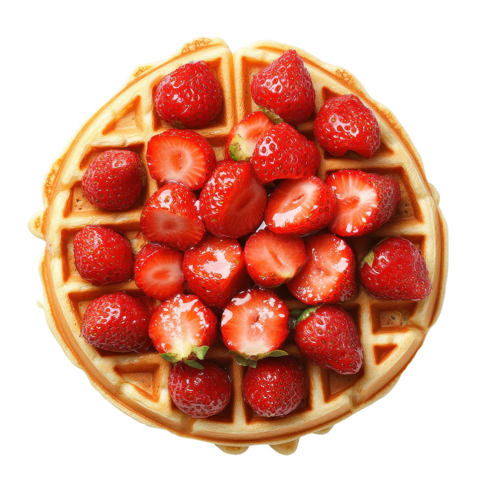 Waffle topped with fresh strawberries drizzled with syrup on a clean Transparent background, Waffle Topped with Fresh Strawberries on png