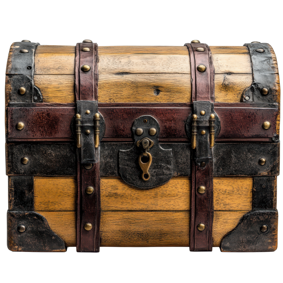Wooden trunk with metal accents on a Transparent background showcasing craftsmanship and vintage design elements, wooden trunk with metal accents on a png