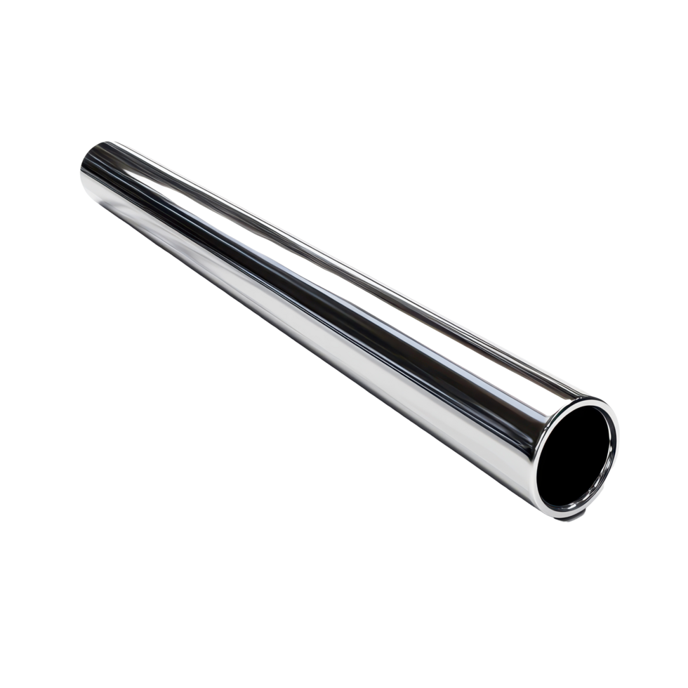 Sleek silver pipe placed on a smooth surface reflecting light in a well-lit environment, Shiny Metal Tube A Sleek Pipe in a Silver Casing, Transparent background png