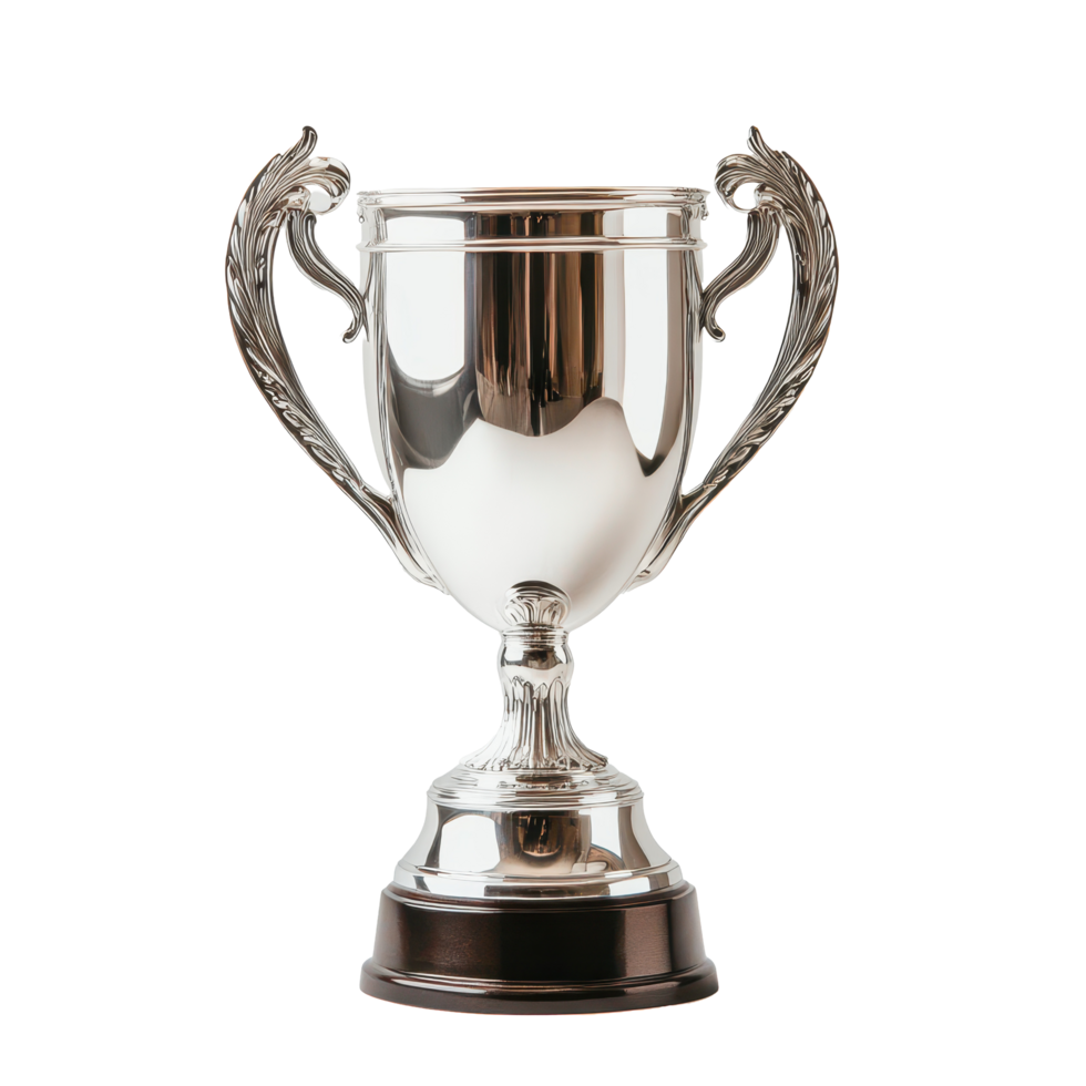 Shiny silver trophy prominently displayed on a Transparent background, showcasing craftsmanship and elegance, Shiny Silver Trophy on Display, background png