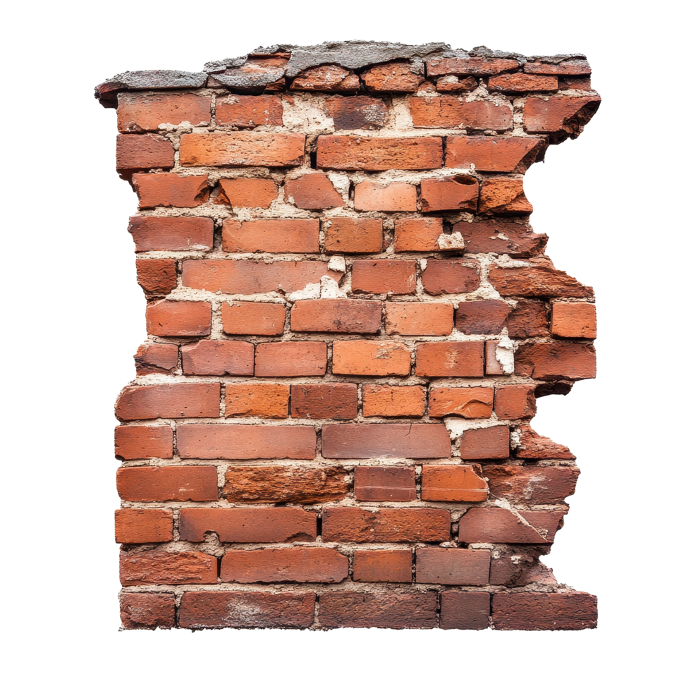 Weathered red brick wall showing signs of collapse and aging with cracked surfaces and missing sections, Ruined, collapsed, cracked, or broken weathered red brick wall, isolated on White background png