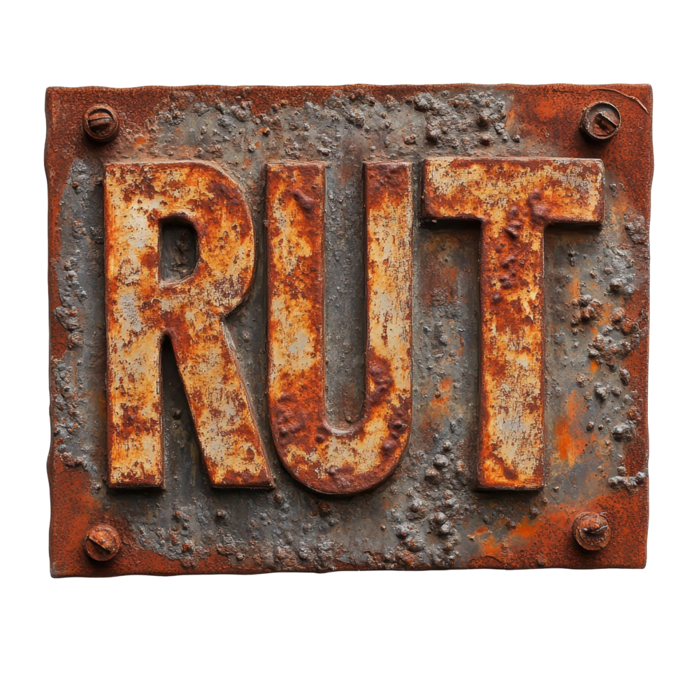 Rusted metal sign featuring the word rust displayed against a textured background, rusted metal sign with the word rust written on it, Transparent background png