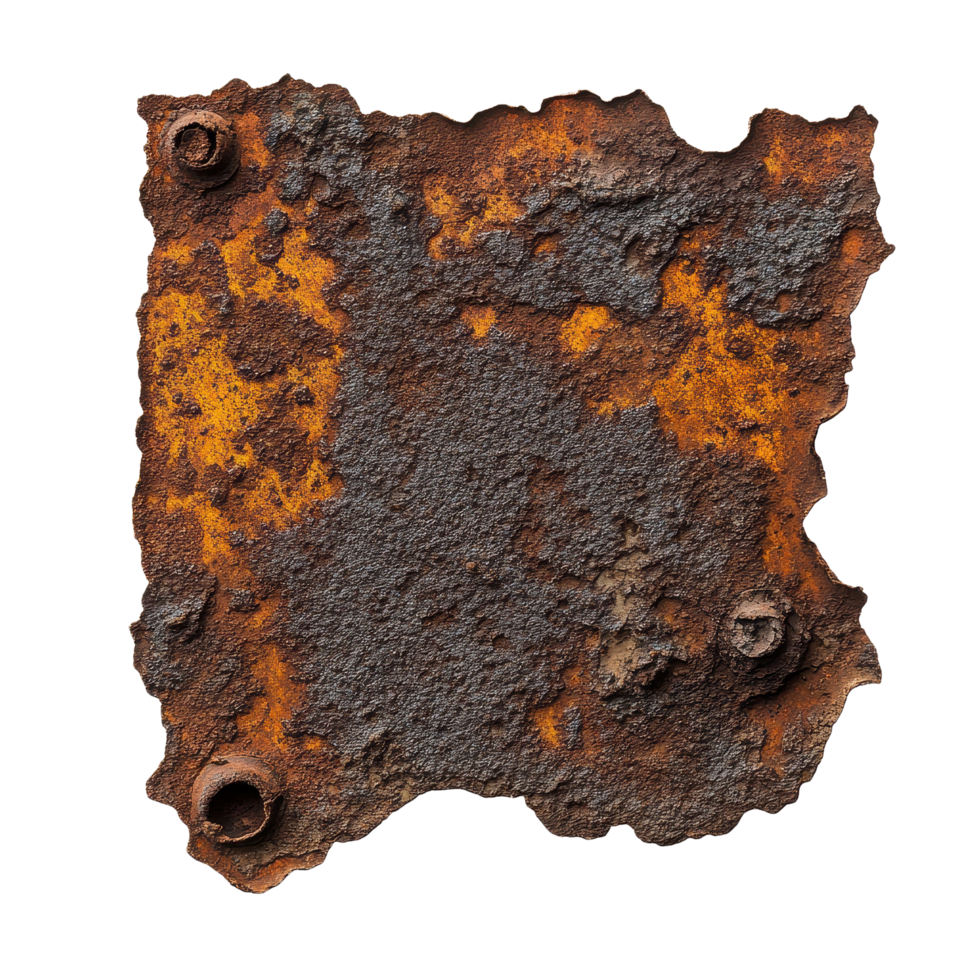 Rusty metal fragment with varied textures and vibrant colors isolated on Transparent background, rust isolated on background png