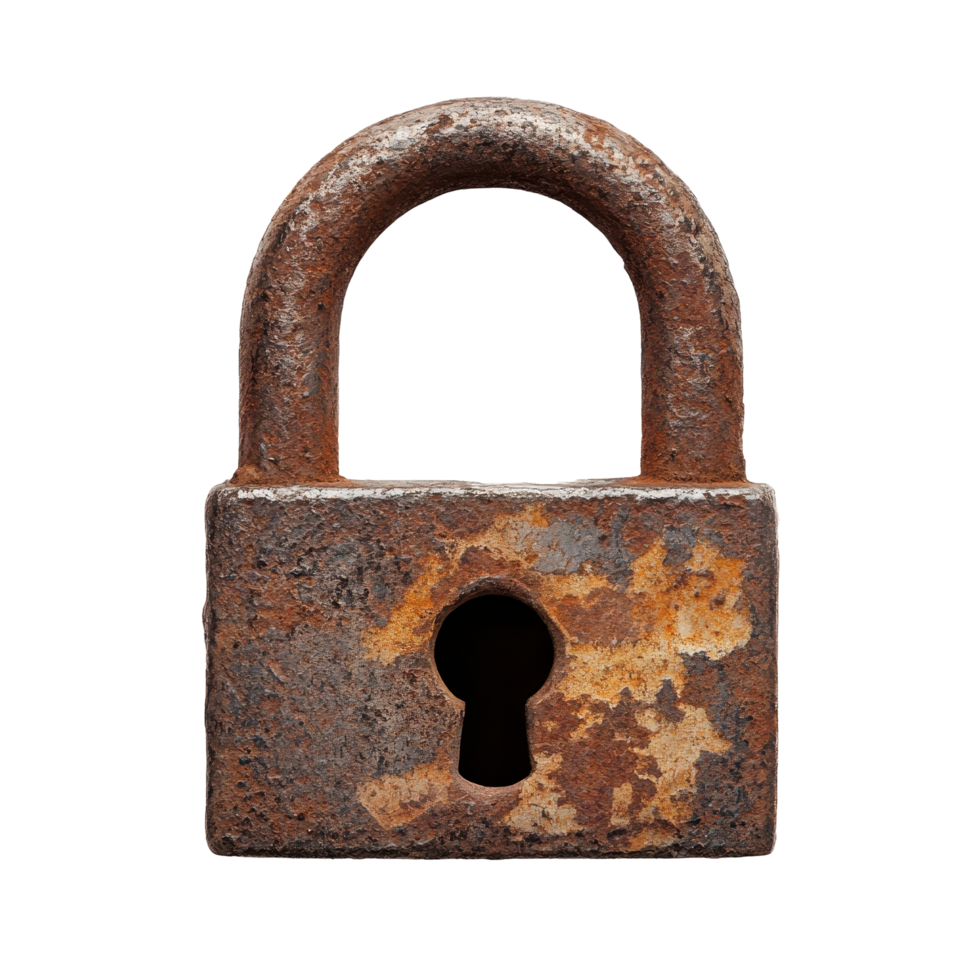 Rusted iron padlock symbolizes timeless security on a clean white backdrop, Rusted Iron Padlock Timeless Security, Transparent background png