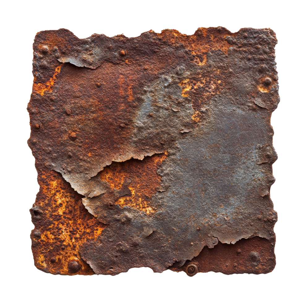 Rusty metal plate with textured surface showcasing vivid colors isolated on Transparent background for creative use, Rusty metal plate isolated on png