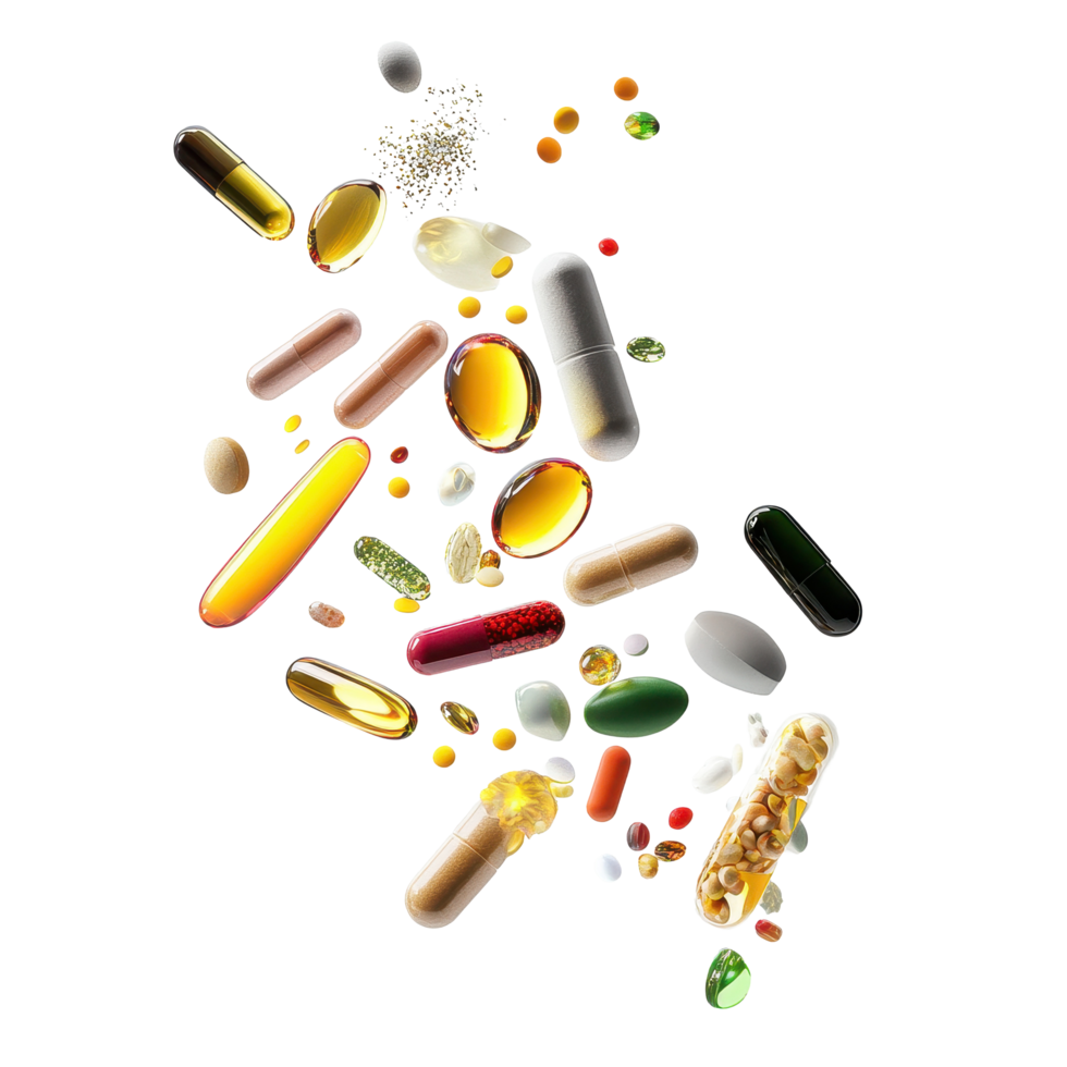 Assorted vitamins and supplements scattered on a Transparent background for health and wellness, vitamins bisolated on background png