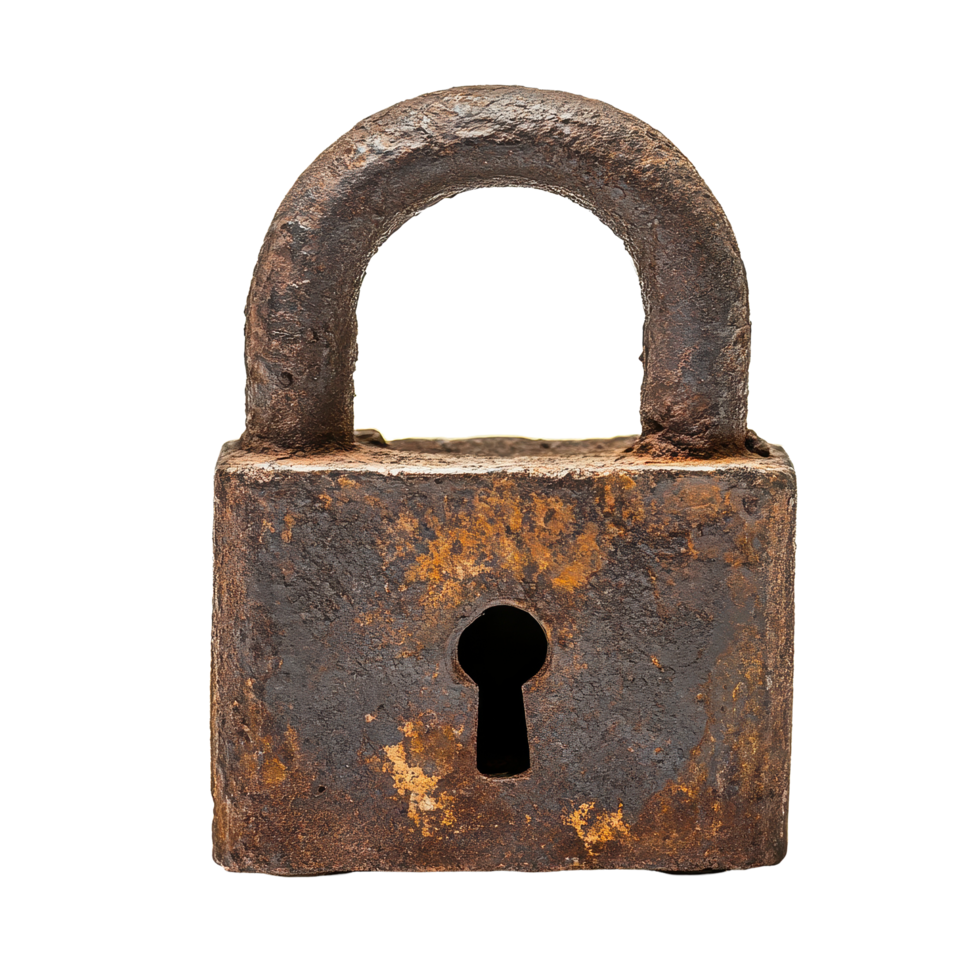 Rusted iron padlock symbolizes timeless security on a clean Transparent background, Rusted Iron Padlock Timeless Security, background png