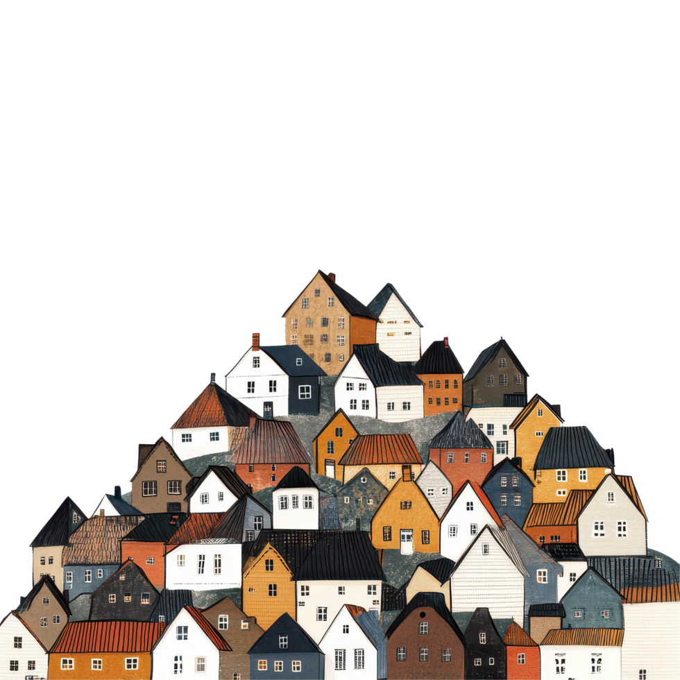 Charming colorful houses on a hill in a small town with a Transparent background, small town with many houses on a hill, background png