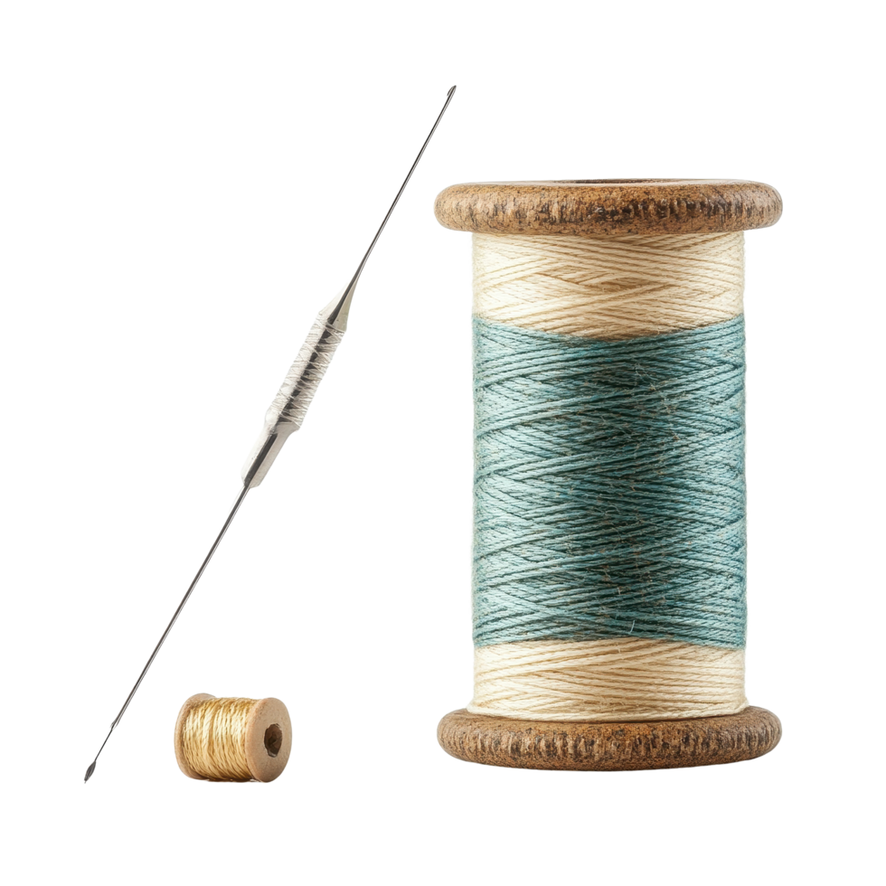 Spool of colorful thread with needle and thimble for sewing and crafting on isolated Transparent background, Spool with needle and thimble isolated on white png