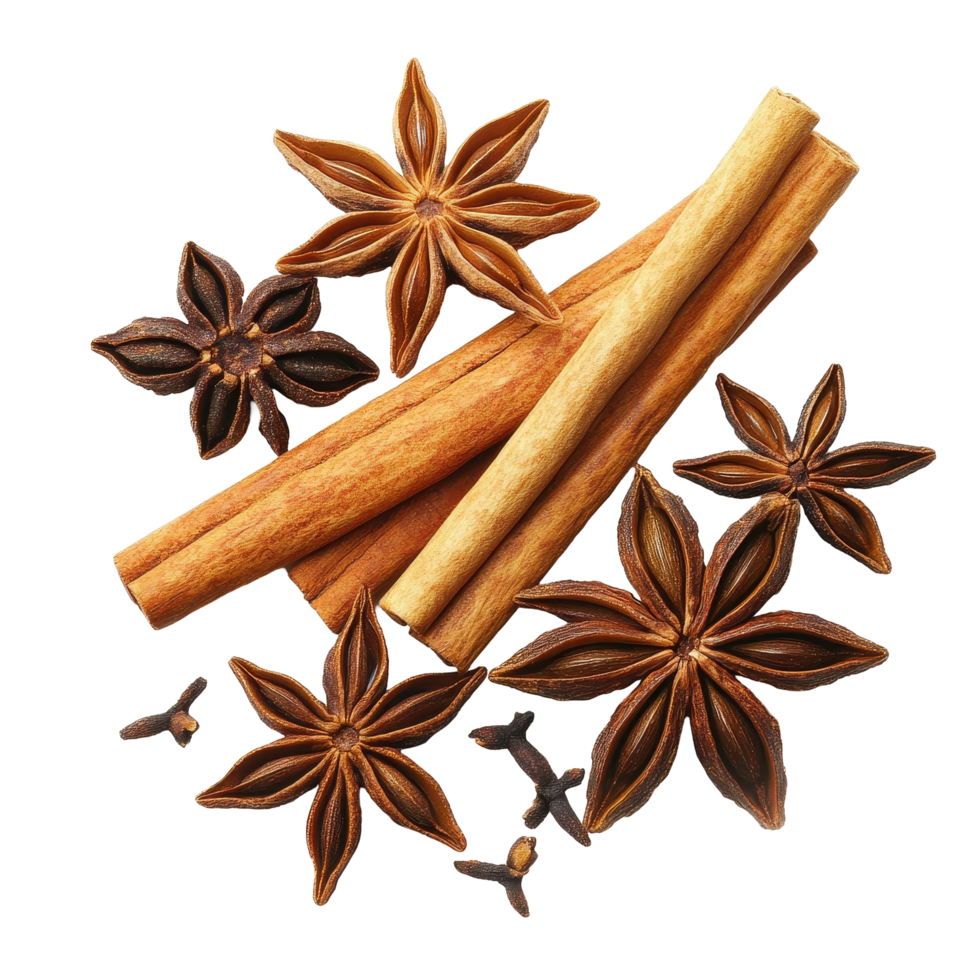 Star anise and cinnamon sticks arranged on Transparent background for culinary and decorative use, Star Anise And Cinnamon Sticks isolated on background png