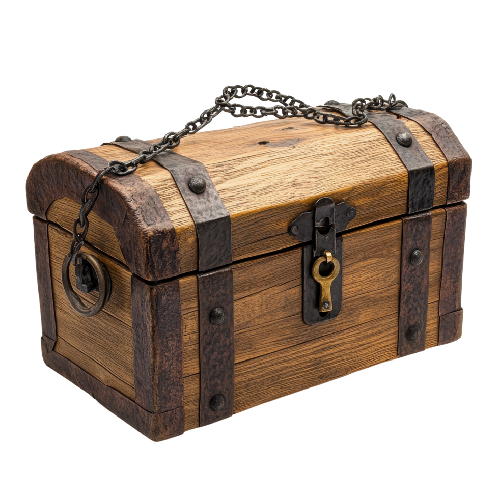 Wooden chest with a lock and chain against a Transparent background showcasing craftsmanship and design details, wooden chest with a lock and a chain, background png