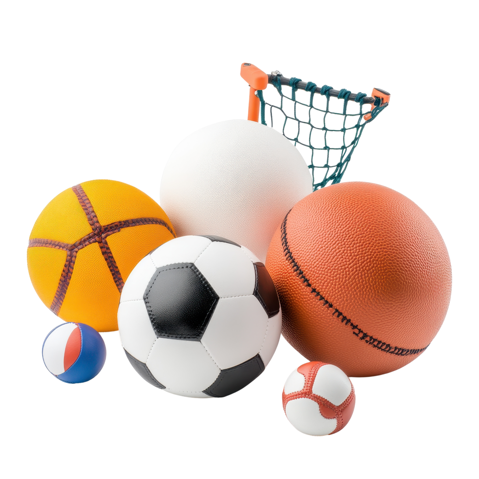 Variety of sports balls and equipment arranged on a clean Transparent background for recreational activities, Sports Equipment isolated on background png