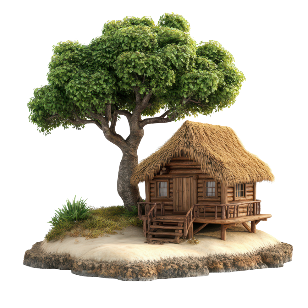Charming small wooden house with thatched roof beside a large tree on a sandy area, small wooden house with a thatched roand a tree on a small island, Transparent background png