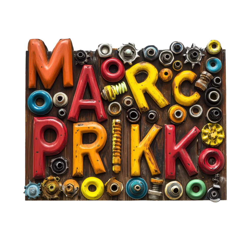 Colorful market sign made of bolts and colorful letters displays creativity and craftsmanship, sign that says market with a lot bolts, Transparent background png