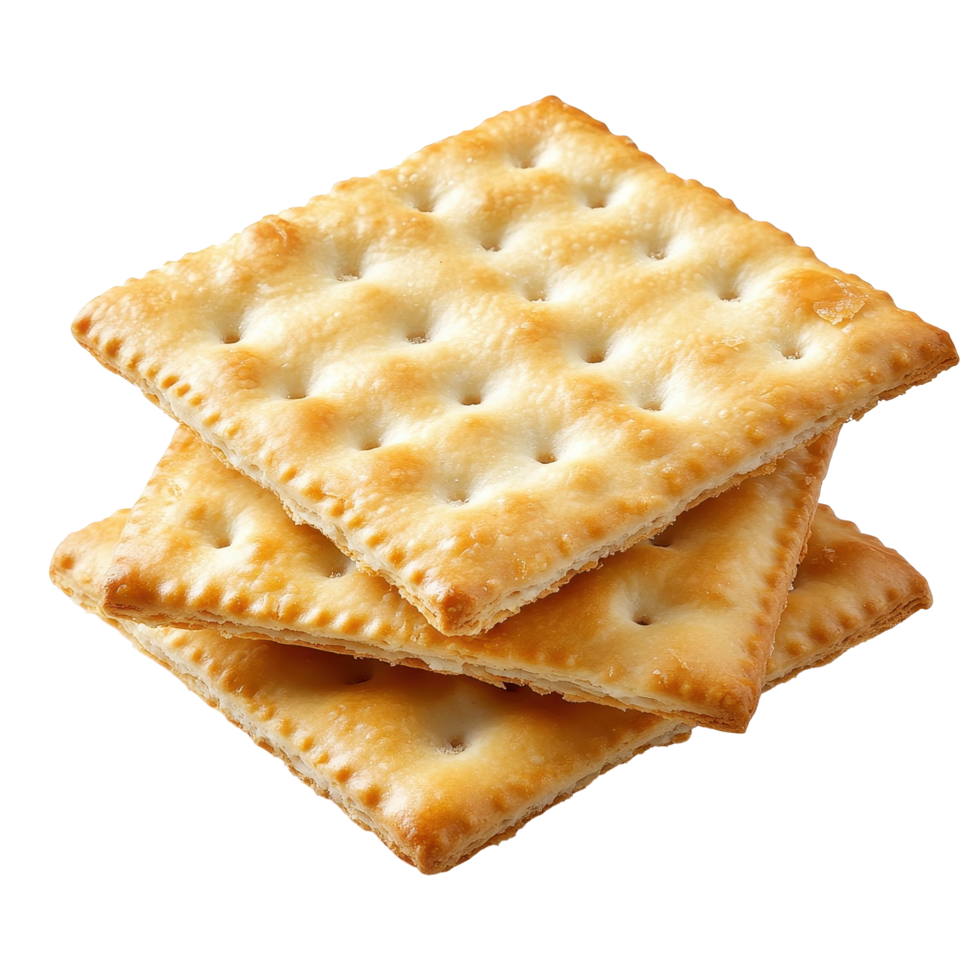 Saltine cracker stacked on a Transparent background showcasing its texture and light golden color, Saltine cracker isolated on png