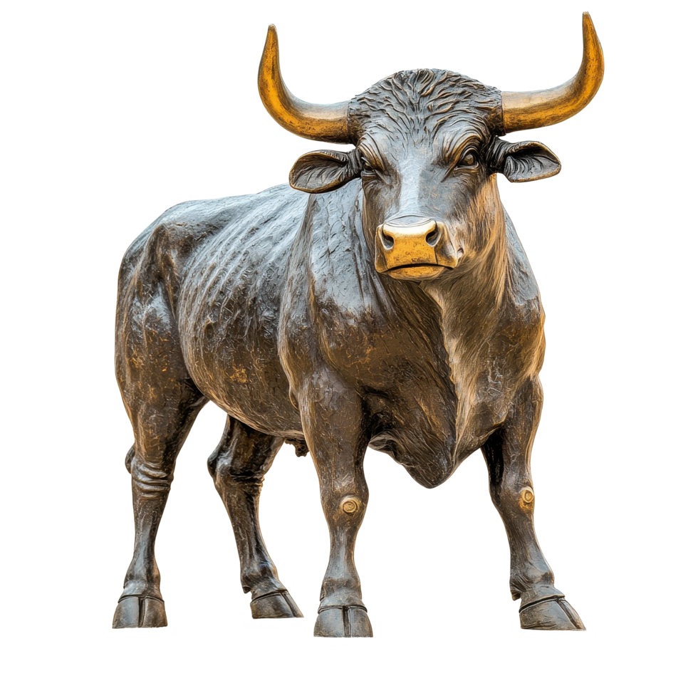 A solitary Spanish bull statue highlights artistic skill and cultural importance against a Transparent background, spanish bull statue isolated on White background png