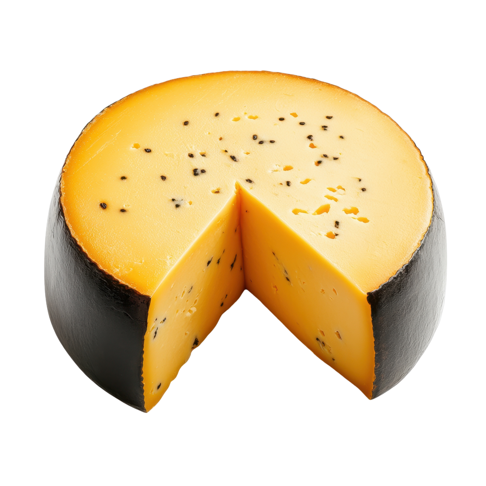 Round Gouda cheese with a sliced piece isolated on a Transparent background for culinary and gourmet purposes, Round Gouda Cheese with Piece isolated on background png