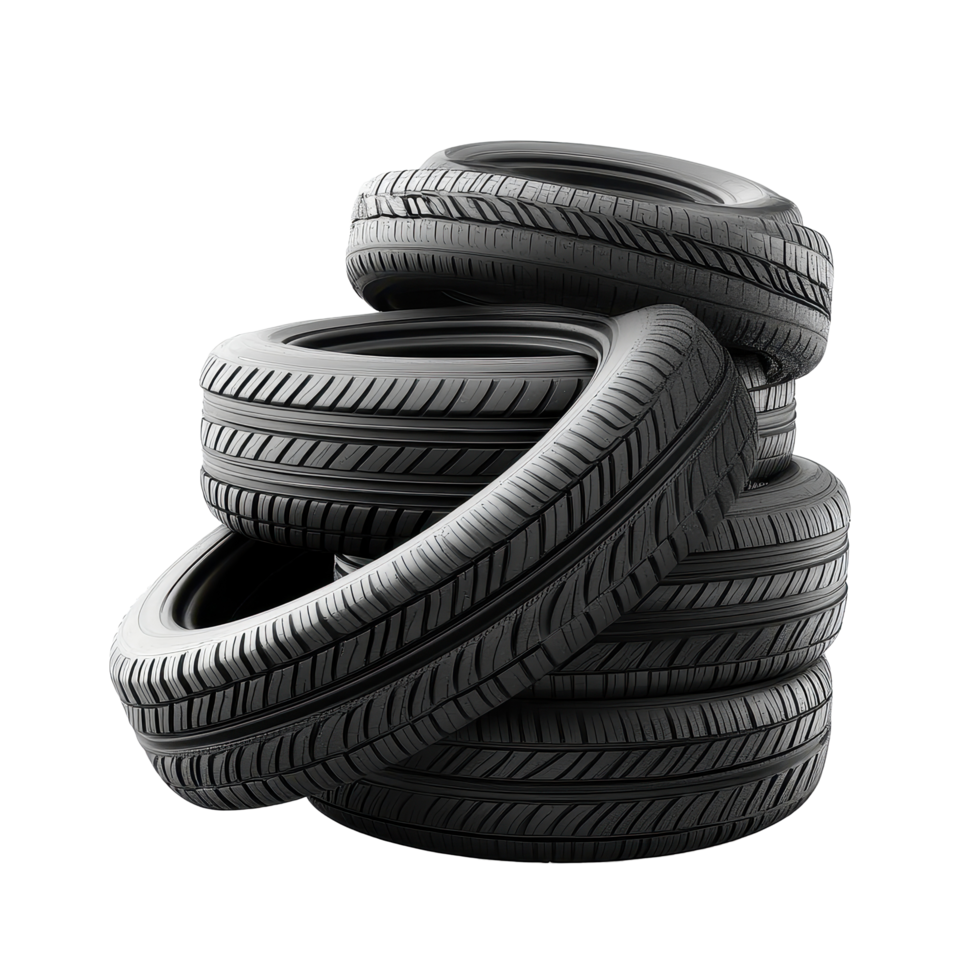 New tires stacked and isolated on a Transparent background ready for automotive use or sale, Stack new tires isolated on png