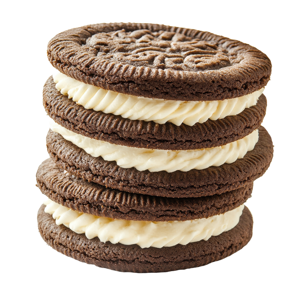 Delicious sandwich cookies with creamy filling stacked in perfect arrangement on Transparent background, Sandwich cookies with cream isolated on background png