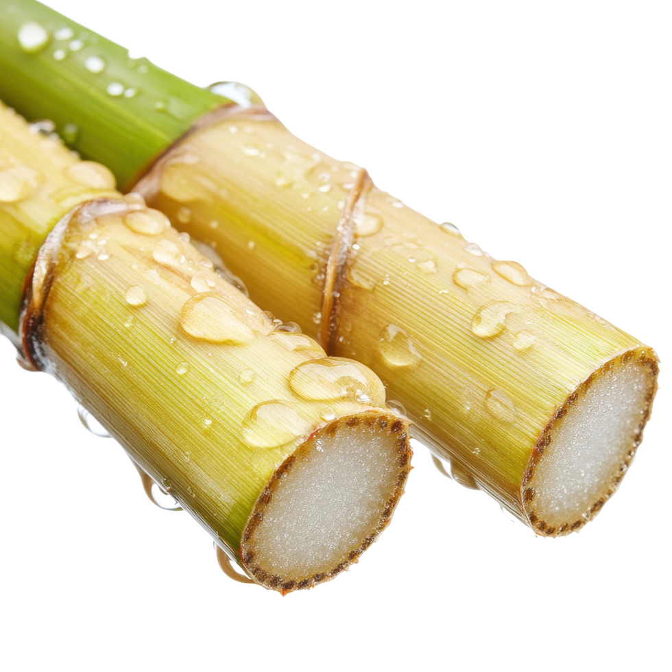 Water drops on fresh sugarcane sticks isolated on a Transparent background showcasing natural sweetness, water drops sugarcaneisolated on background png