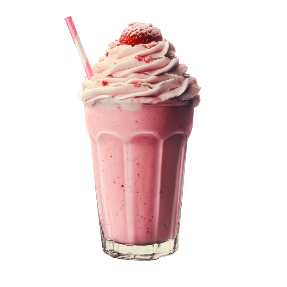 Delicious strawberry milk shake topped with whipped cream and a cherry on a clean Transparent background, strawberry milk shake, png