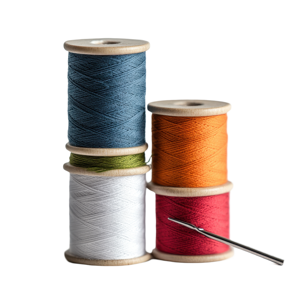 Colorful spools of thread stacked with a sewing needle on a clean Transparent background, Spools thread and a sewing needle, background png