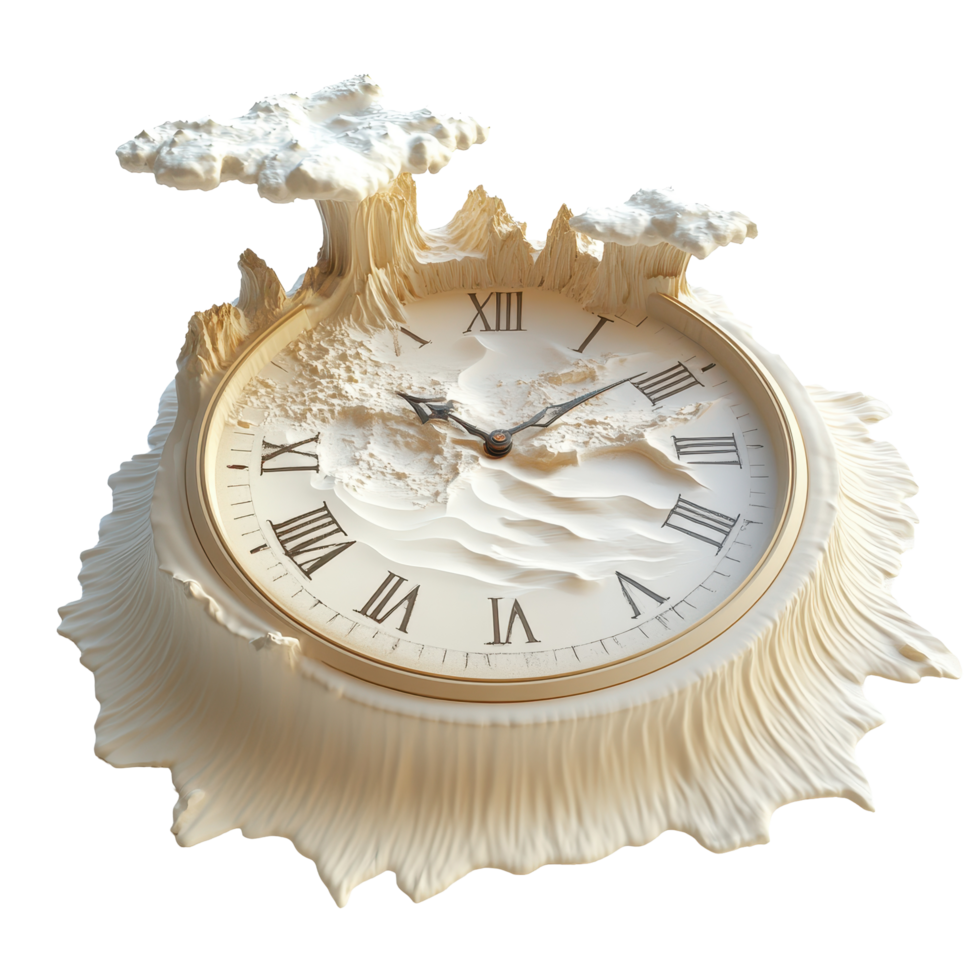 Elegant clock design featuring natural landscapes with a white finish and Roman numerals ideal for home decor, The Sands Time, Transparent background png