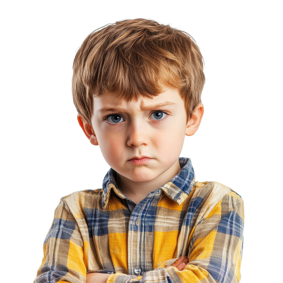 Sad boy in a plaid shirt expressing frustration with arms crossed, showing mood challenges, sad kid boy in a bad mood or sick and has problems, file of isolated object on White background png