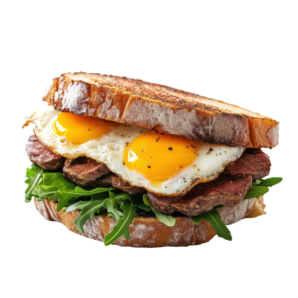 Beef and egg sandwich served on fresh bread with greens on Transparent background, sandwich of beef and eggs isolated on background png