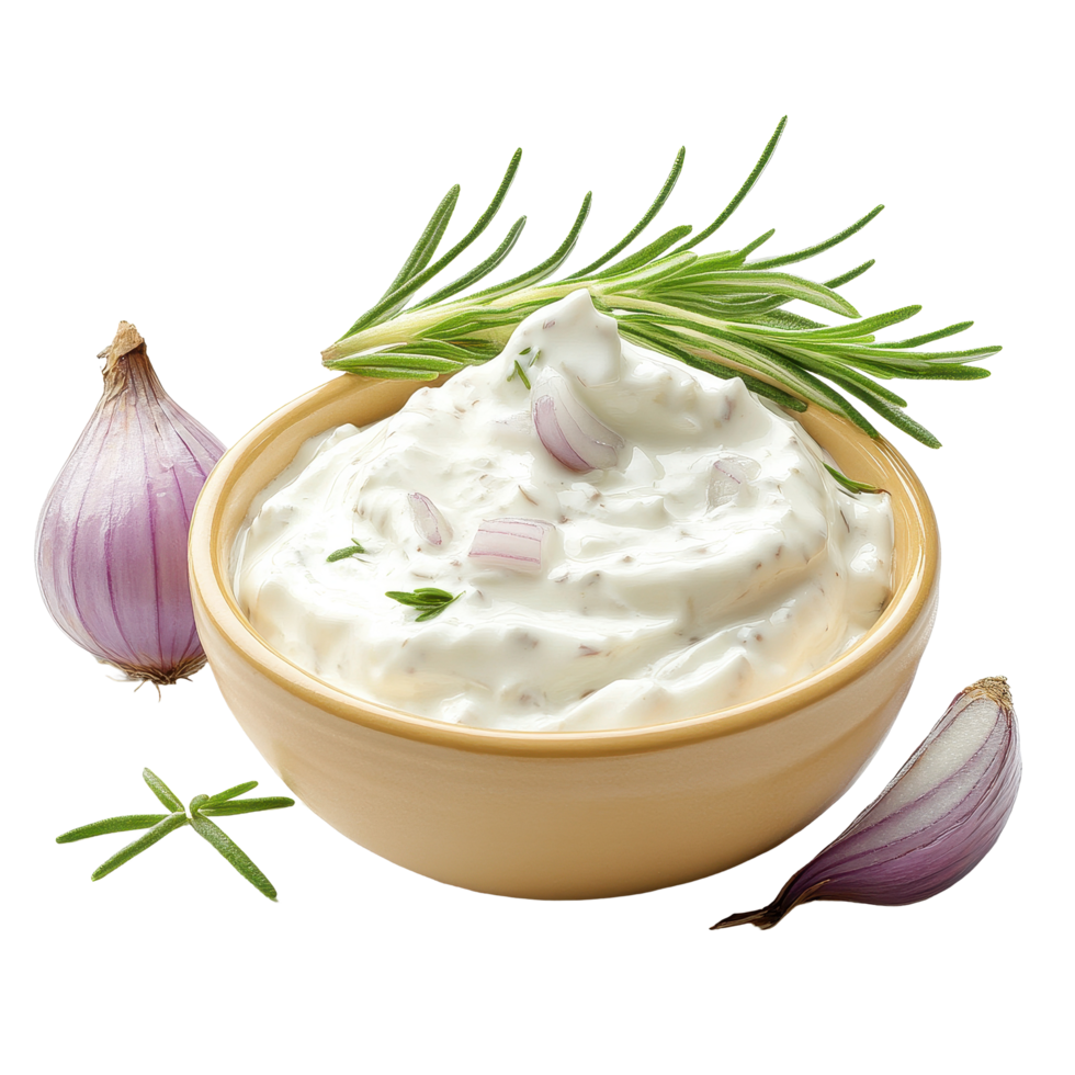 Sour cream and onion dip in a yellow bowl with fresh herbs on a Transparent background, Sour cream and onion in bowl isolated on png