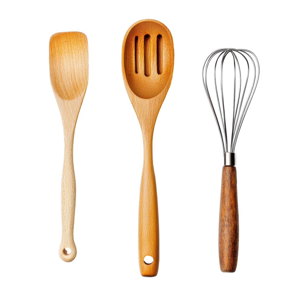Spatula wooden spoon and wire whisk isolated on Transparent background for culinary use and kitchen preparations, Spatula with Wooden Spoon and Wire Whisk isolated on background png