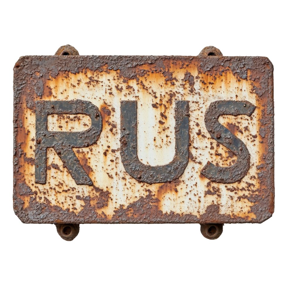 Rusty sign reading rust on a weathered Transparent background highlighting wear and age, rusty sign that says rust cast on a png