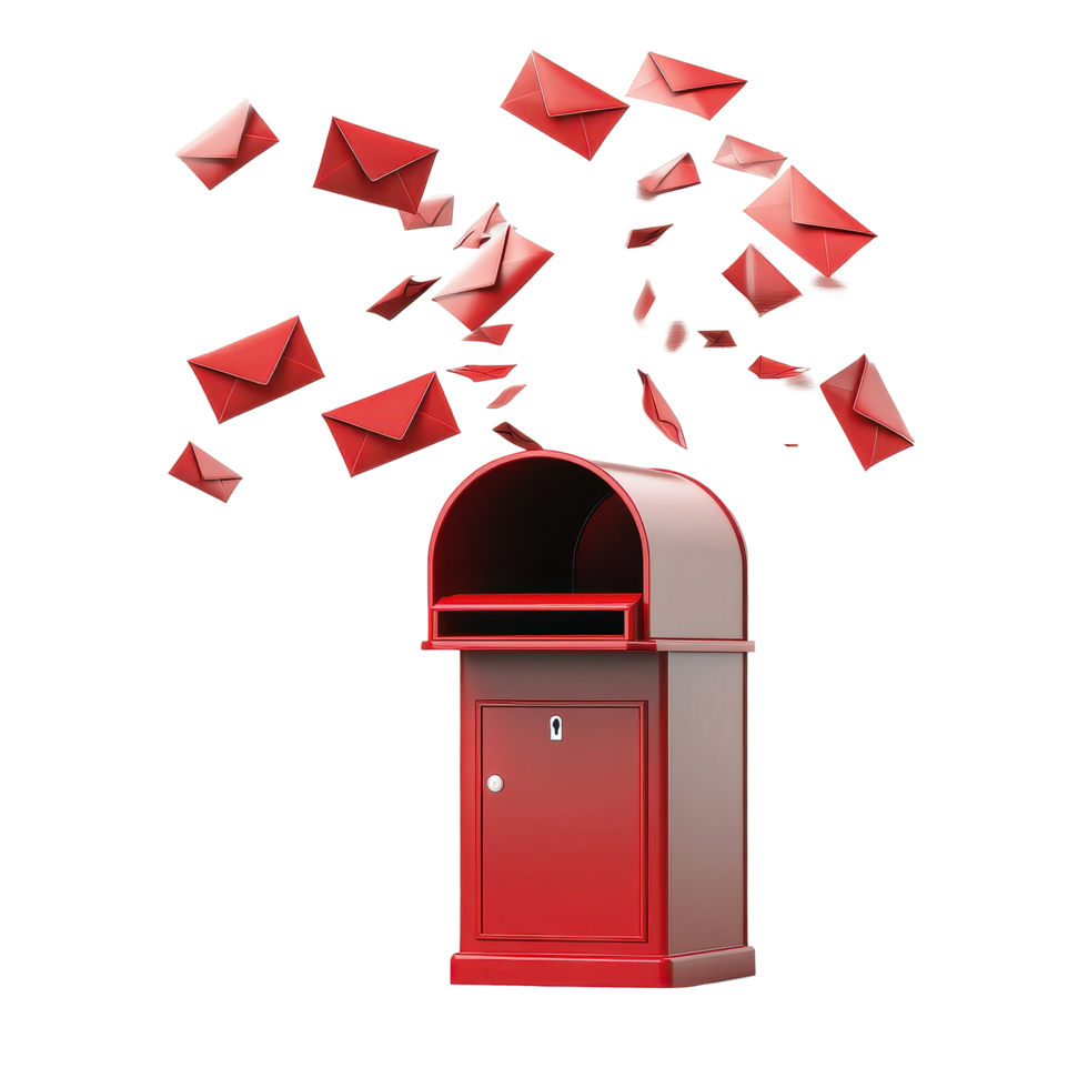 Creative display of a red mailbox with flying envelopes against a Transparent background, backgrounding a red mailbox with envelopes flying out on a transparent background png
