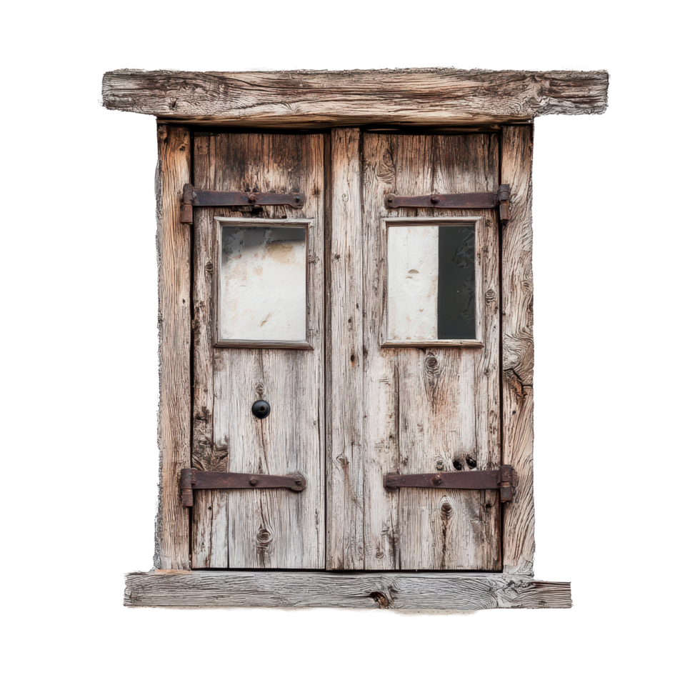 Wooden window with metal knock on a white wall reflecting rustic charm and simplicity, wooden window with a metal knock knock on it, Transparent background png
