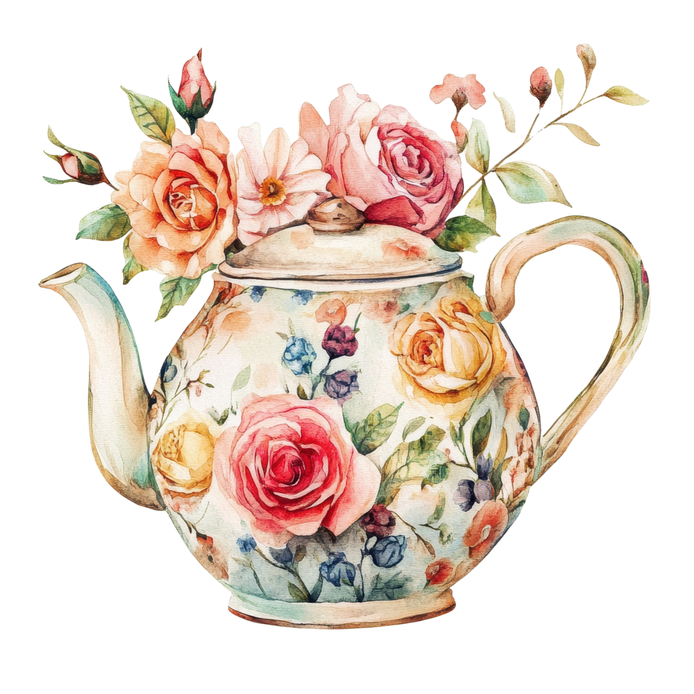 Elegant watercolor floral teapot design featuring vibrant roses and blossoms isolated on Transparent background, Watercolor floral teapot bundle onisolated on background png