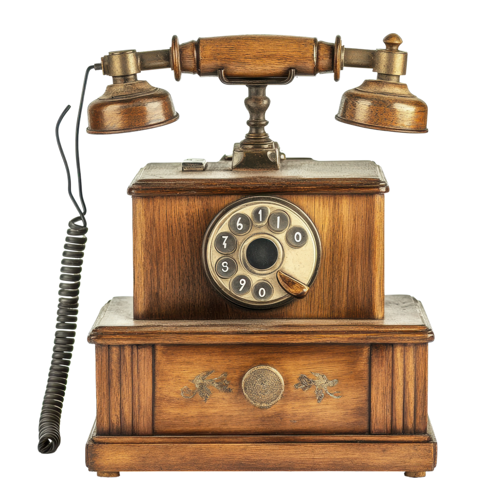 Vintage rotary dial telephone with wooden case from early 20th century, Vintage Telephone with Wooden Case and Rotary Dial, Transparent background png