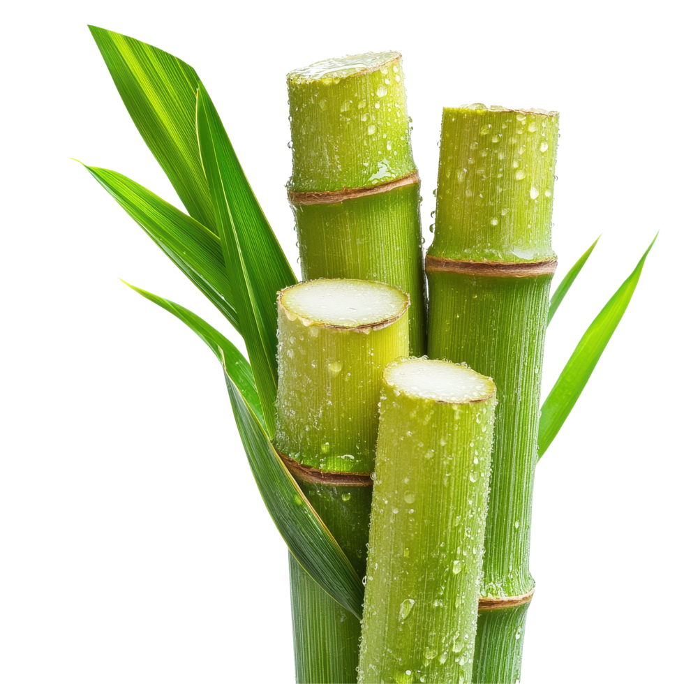 Water droplets on fresh sugarcane stalks with green leaves isolated on Transparent background, water drops sugarcaneisolated on background png