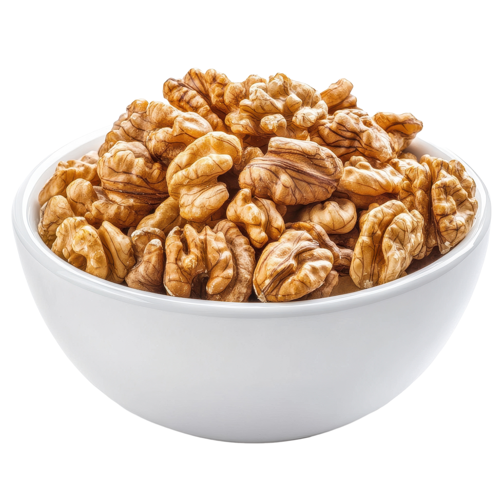Walnuts in a white bowl on a Transparent background highlighting their nutritional benefits and culinary uses, Walnuts in white bowl isolated on background png
