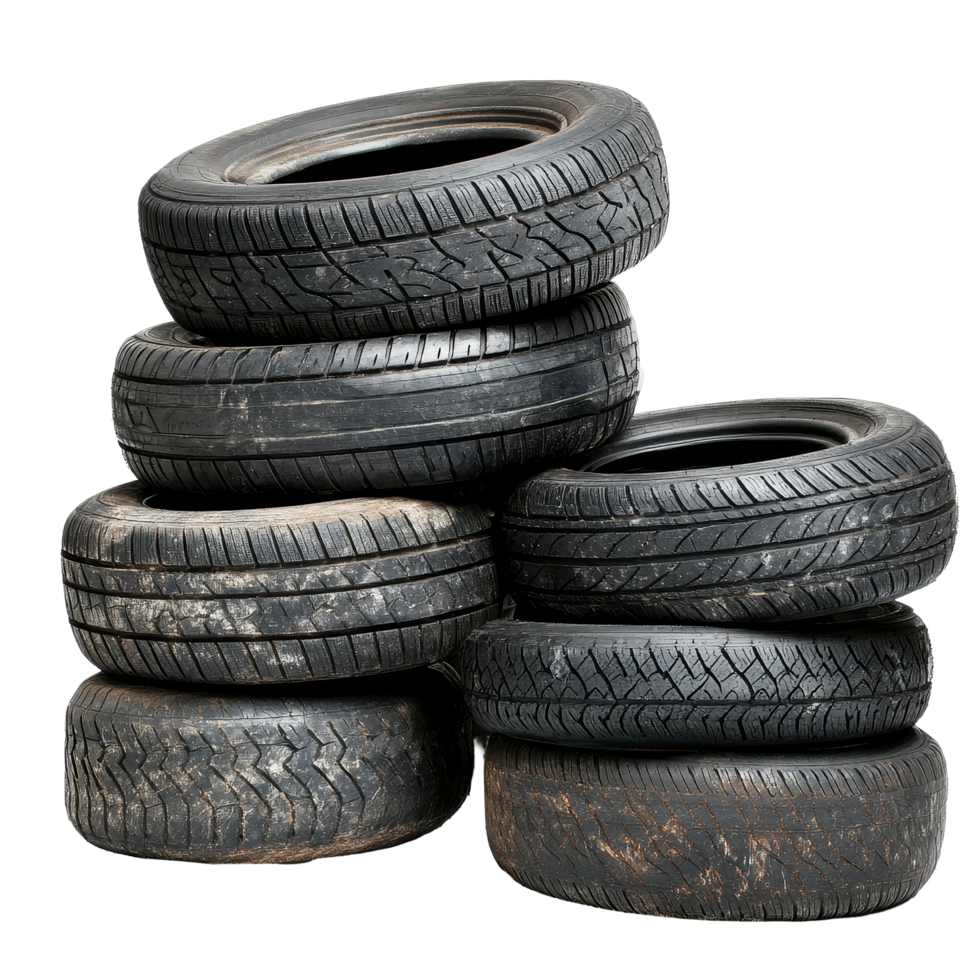 Stack of old dirty tires isolated on a Transparent background showcasing wear and tear from previous use, Stack old dirty tires isolated on png